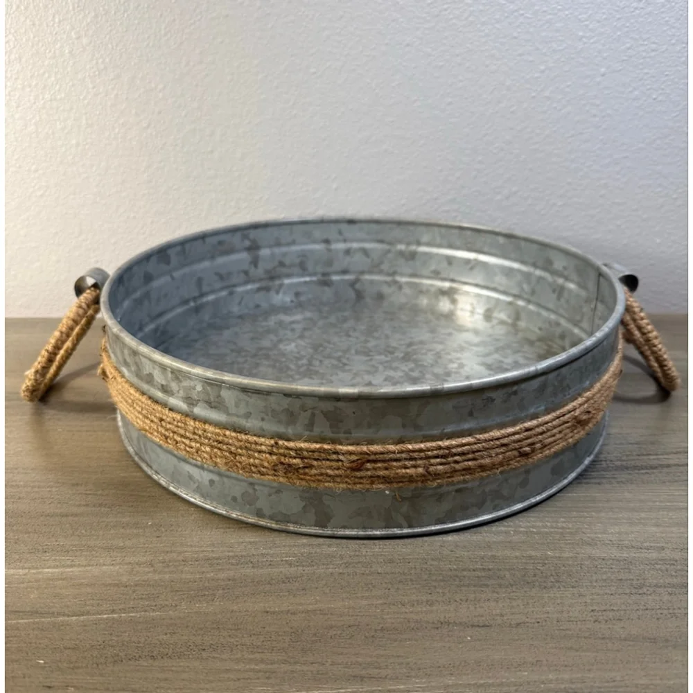 Farmhouse Galvanized Metal Tray 12” Round Rope Handle Serving Centerpiece Decor